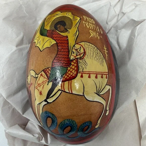 Russian Orthodox Icon Wooden Eggs Hand Painted Virgin Mary St George Signed 1991 - Picture 11 of 15